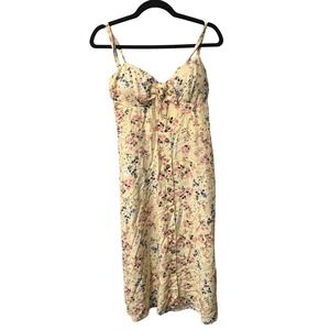 AUW Butter Yellow Floral Romanticcore Rayon Smocked Back Summer Midi Dress Sz L